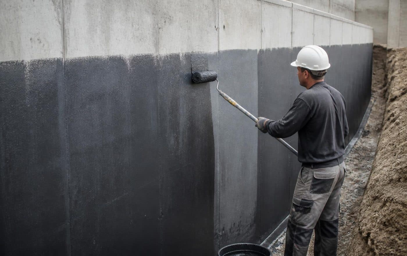 Aplicação de impermeabilizante com rolo em parede de contenção de concreto