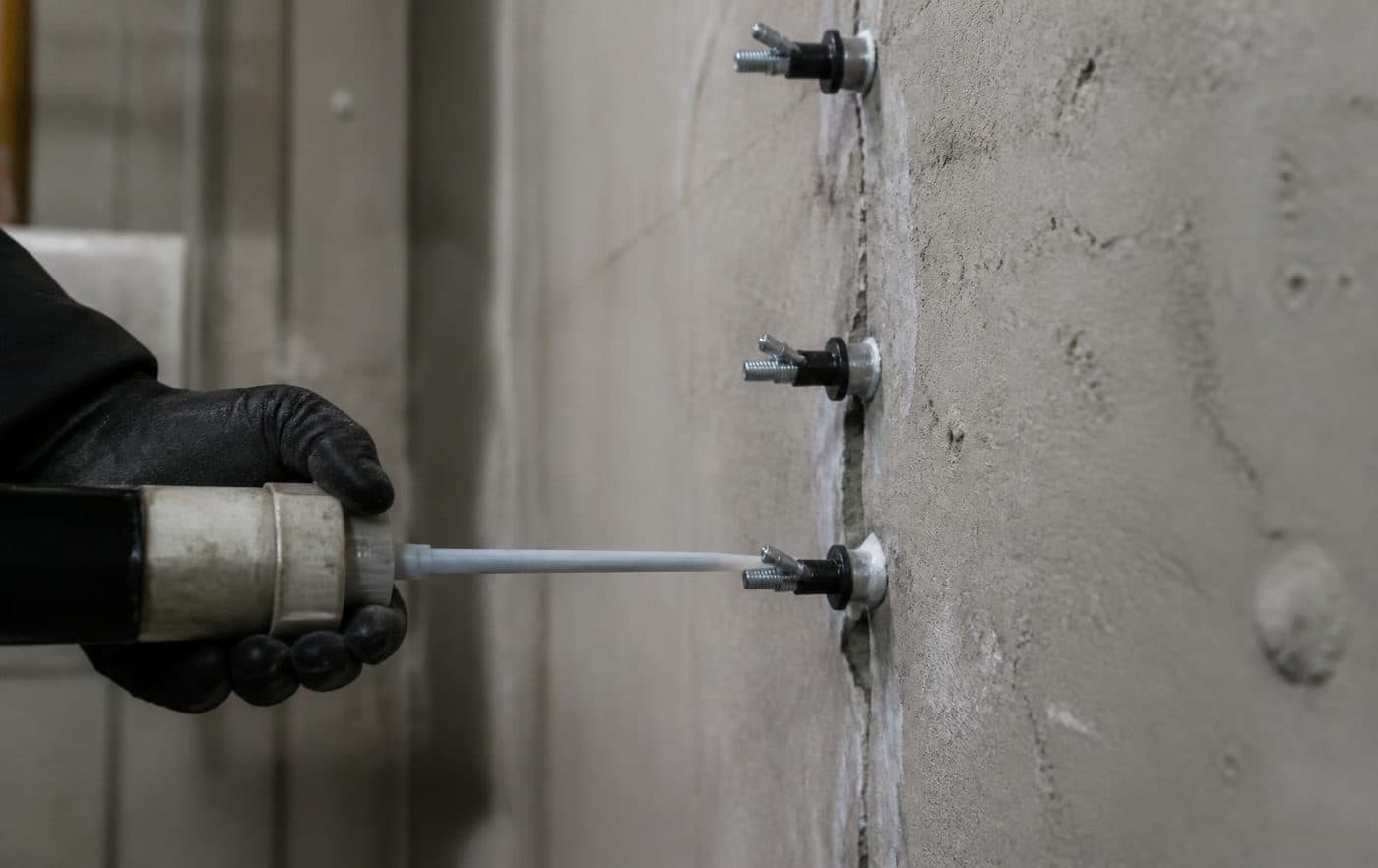 Injeção de resina em fissura de concreto por meio de packers metálicos